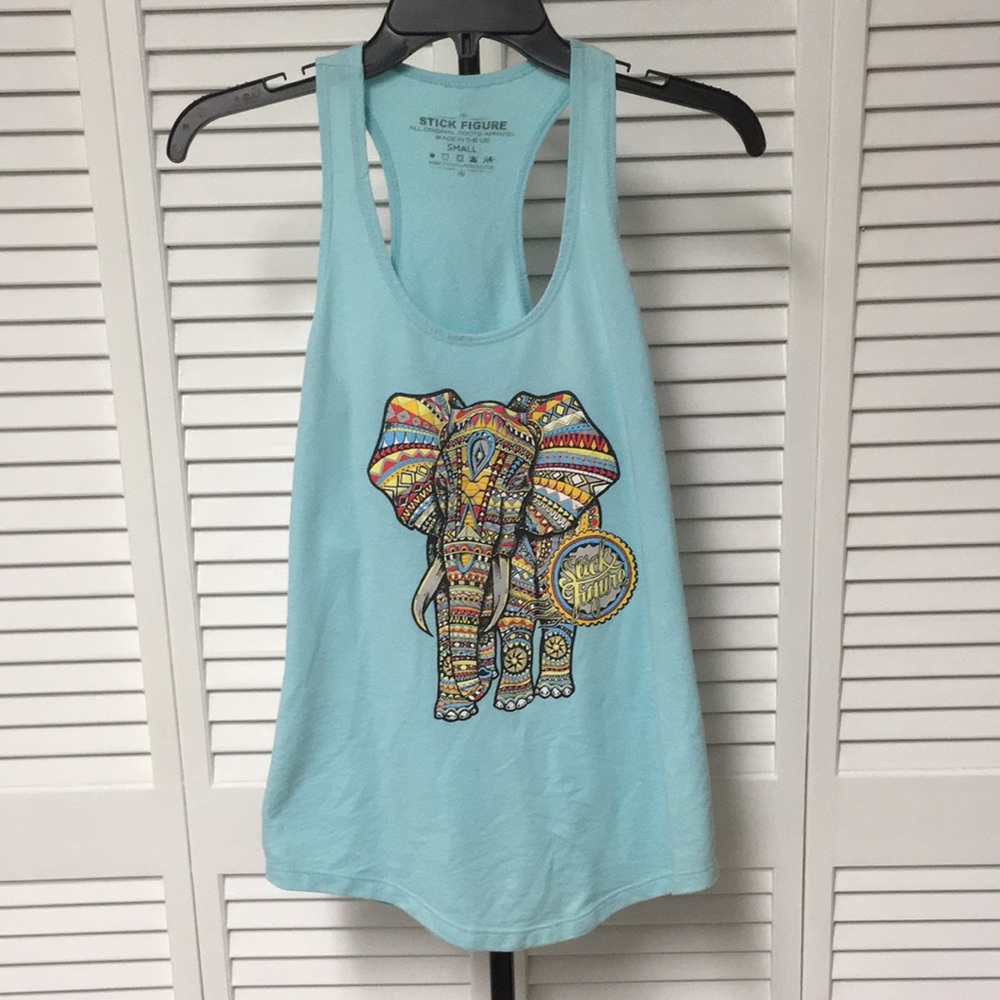 Light Blue, Stick Figure, Tank Top with Elephant Design (S)